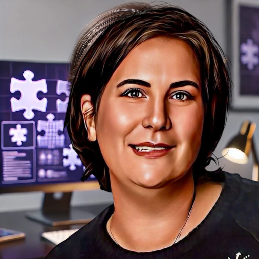 Camille De Sousa Mathieu AtypiTech L'innovation naît de la diversité! Moi Camille DE SOUSA MATHIEU en cartoon devant un pc avec des pièces de puzzles violette sur l'écran.